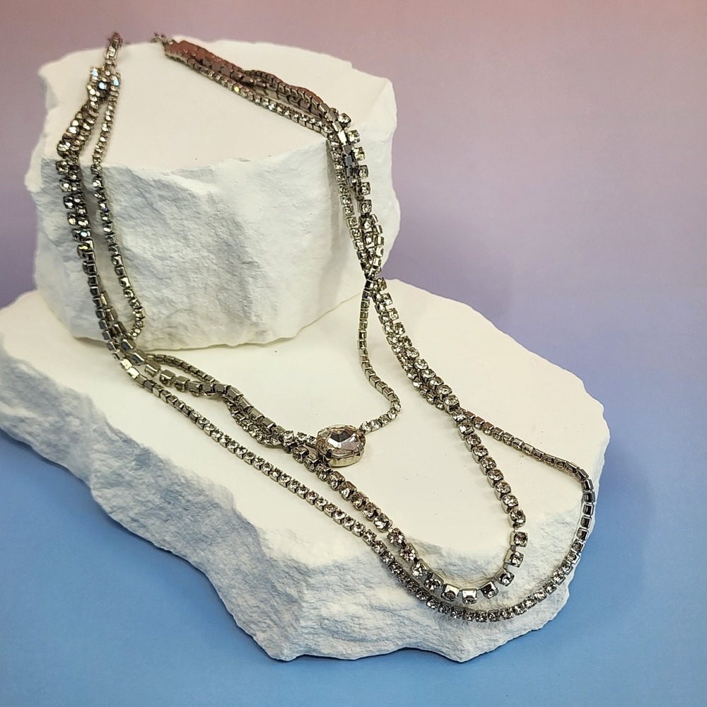 Vintage Silver Tone Rhinestone Multi Strand Statement Necklace Cocktail Bridal